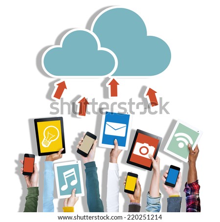 Diverse Hands Holding Digital Devices Cloud Networking