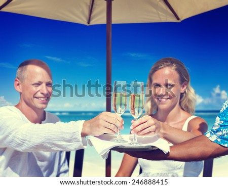 Couple Celebration Beach Summer Toast Champagne Concept