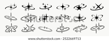 Stylized stars with orbit line set vector. Set of Stylized stars with orbit line in various designs. Stylized stars with orbit line vector collection. Stylized stars with orbit line vector set.