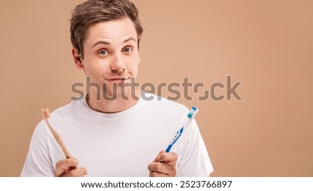 Similar – Image, Stock Photo Wooden toothbrushes with dental floss.