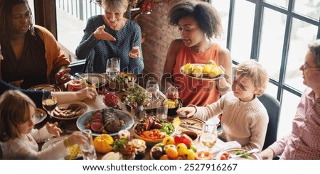 Diverse group of family and friends celebrate festive meal at restaurant. Diverse people family share food, festive thanksgiving meal at restaurant, autumn vibes, thanksgiving family dinner party