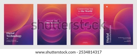 Template set of nine tech-themed posters showcasing innovative technology, data analytics, and digital transformation. Set of poster purple gradient template poster. Poster template vector  set.