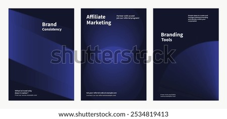 Abstract dark blue shape gradient poster set. Business marketing Modern branding strategy in abstract black gradient poster. Abstract dark blue vector poster set with business marketing concept.