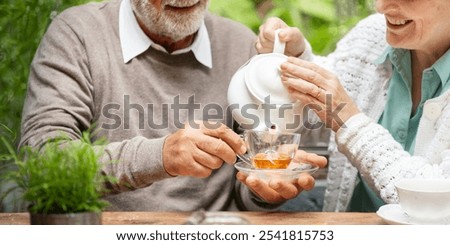 Similar – Image, Stock Photo Woman pouring green tea in mug on wooden table with green herb