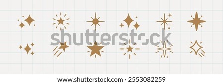 Gold star icons on grid background. Stars vary in shape and size. Star icons are decorative and stylish. Gold stars add a touch of elegance and charm. Festive element set. Vectors.