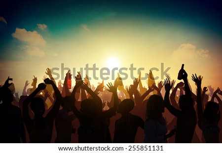 People Crowd Party Celebration Drinks Arms Raised Concept
