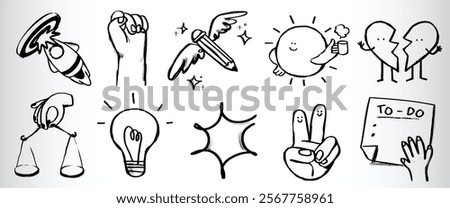 Set of playful doodles: rocket, fist, pencil, sun, broken heart, scales, light bulb, star, peace sign, to-do list. Black and white sketches, fun and creative. Hand drawn vector set.