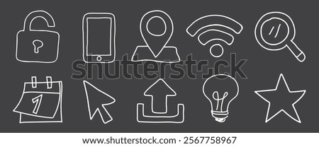 Chalk-style icons on a dark background. Includes lock, phone, location, Wi-Fi, magnifying glass, calendar, cursor, upload, lightbulb, and star icons. Hand drawn business elements, vector set.