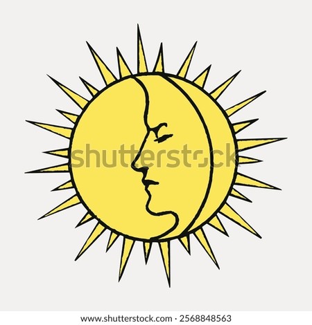 Illustration of a sun with a face, featuring sharp rays. The sun's face is in profile, with a serene expression. Sun, face, and rays create a celestial motif. Vintage art, isolated vector element.