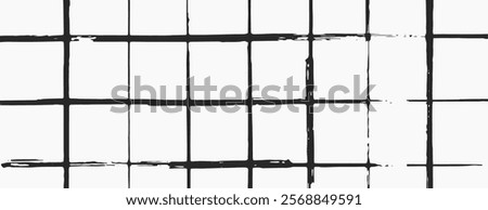 White background with black grid lines, creating a minimalist background. The black lines add a modern, structured texture. Grid pattern background vector. White background.