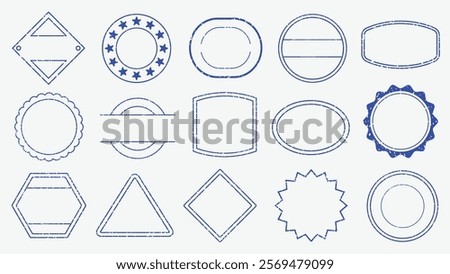 Set of 16 blue stamp designs, featuring various shapes like circles, stars, and triangles. Each stamp design is unique, with blue outlines and patterns. Blue blank stamps, vector set.