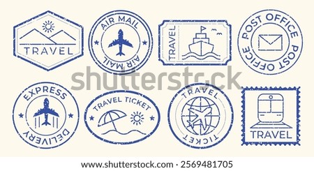 Set of blue travel stamps featuring planes, boats, and trains. Travel-themed designs include air mail, express delivery, and travel tickets. Travel icons repeated. Blue travel stamps, vector set.