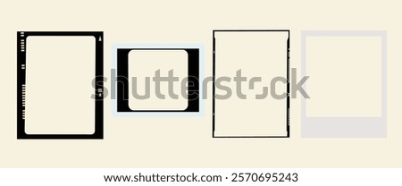 Four photo frames in different styles and sizes. Photo frames include a black border, a square, and a polaroid. Minimalist photo frames on a light background. Instant photo frames, vector set.