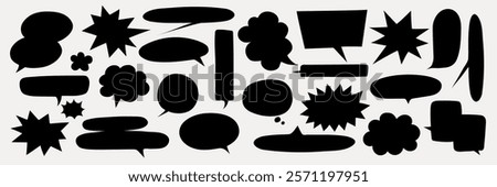 Various black speech bubbles in different shapes and sizes. Speech bubbles include ovals, rectangles, and bursts. Perfect for comics and graphic design. Message illustration vector.