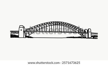 Simple black and white illustration of an iconic arched bridge. Minimalist design captures the bridge's structure and symmetry. Simple isolated black line art doodle vector.