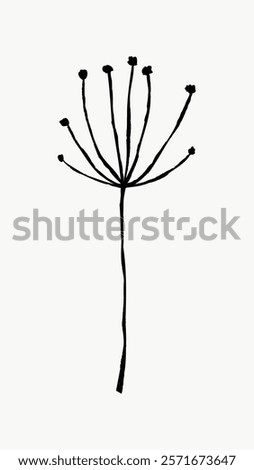 Minimalist black silhouette of a dandelion seed head. Simple, elegant design with thin stem and sparse seeds. Perfect for modern decor. Simple black line art doodle vector.