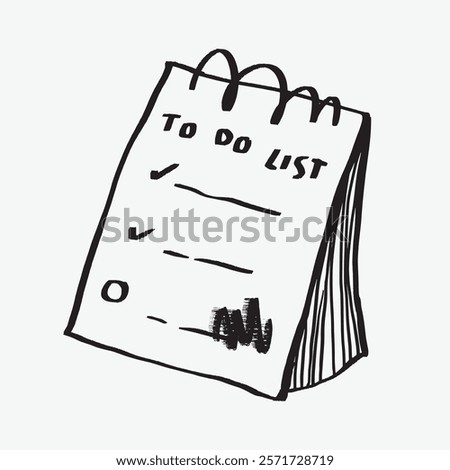 Illustration of a spiral-bound to-do list with checkmarks. Simple, hand-drawn style. Organized tasks on a notepad. Minimalist design. Simple black line art doodle vector.