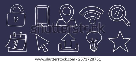 Hand-drawn icons on a dark background: lock, phone, location, Wi-Fi, magnifying glass, calendar, cursor, upload, light bulb, star. Simple, sketchy style. Hand drawn business elements, vector set.