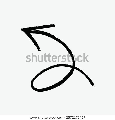 Curved black arrow, isolated vector, pointing left. Hand-drawn style with a looping tail. Simple, bold design for direction or emphasis. Simple black line art doodle vector.