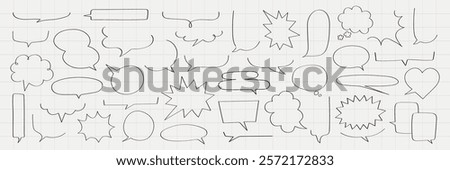 A collection of hand-drawn speech bubbles and thought clouds. Various shapes and sizes of speech bubbles. Ideal for comics, notes, and creative designs. Message illustration vector.