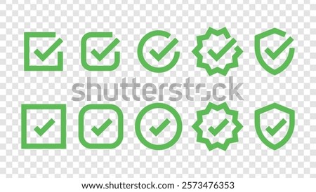 Green check marks in various shapes: square, circle, starburst, shield. Check marks in different styles, all green. Green check marks for approval icons. Vector element set.