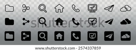 Set of 20 black and white icons: folder, share, search, home, phone, monitor, paper plane, cloud. Icons in outline and filled styles, on transparent background. User interface icon vector set.