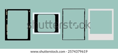 Set of four retro photo frames on a teal background. Vintage frames include polaroid and film styles. Ideal for photography and design projects. Instant photo frames, vector set.