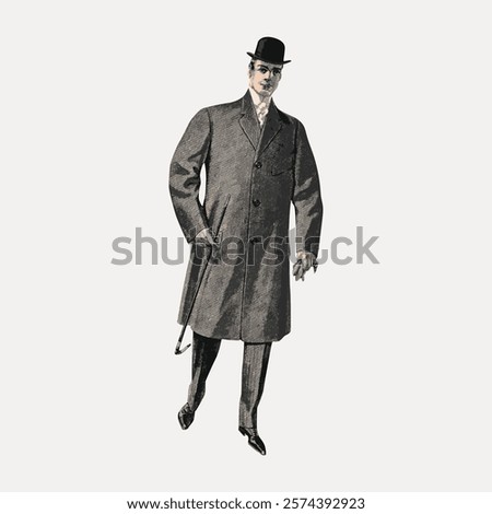 Vintage illustration of a man in a bowler hat and overcoat. Classic bowler hat style with a long overcoat. Timeless bowler hat and overcoat look. Vintage man illustration isolated on white, vector.