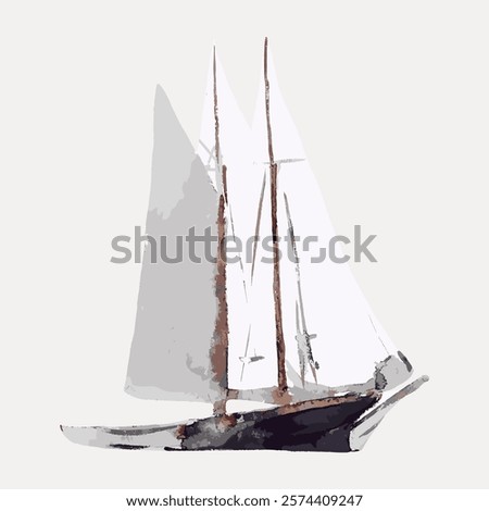 Watercolor sailboat illustration with tall sails and wooden mast. Nautical theme with sailboat and sea elements. Elegant sailboat art for decor. Vintage art drawing, isolated vector element.