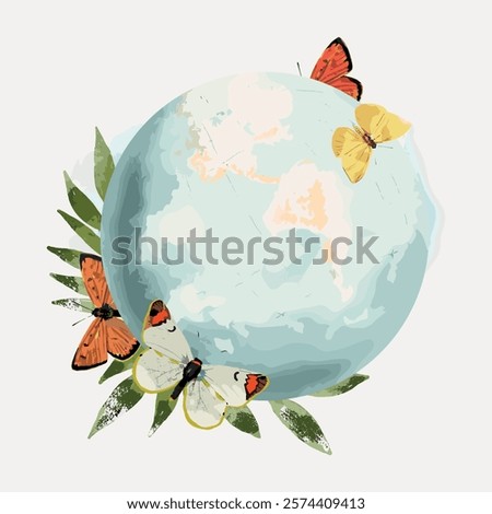 Illustration of Earth with butterflies and leaves. Butterflies flutter around the globe. Earth, butterflies, and leaves create a harmonious nature scene. Vintage illustration isolated on white, vector