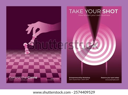 Two business-themed posters. One shows a hand moving chess pieces, symbolizing strategy. The other features a target, emphasizing focus. Both use pink tones. Innovative business templates.