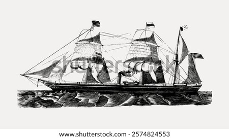 Vintage ship illustration with sails and flags. Classic ship design, detailed sails, and nautical flags. Historic ship art with intricate sails and flags. Vintage illustration isolated, vector.