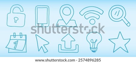 Blue line icons: lock, smartphone, location, Wi-Fi, magnifying glass, calendar, cursor, upload, light bulb, star. Simple blue icons for tech and navigation. Hand drawn business elements, vector set.