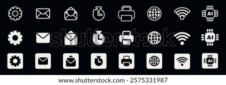 Set of 24 black and white icons: gear, envelope, clock, printer, globe, Wi-Fi, AI chip. Repeated in two styles: outlined and filled. Tech and communication theme. User interface icon vector set.