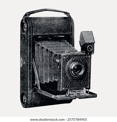 Vintage camera illustration with bellows and lens. Classic camera design, antique camera style. Retro camera art.