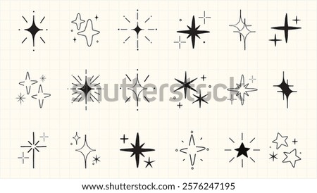 Collection of star doodles, featuring various star shapes. Star designs include sparkles, twinkles, and abstract stars. Perfect for star-themed projects. Element vector set.