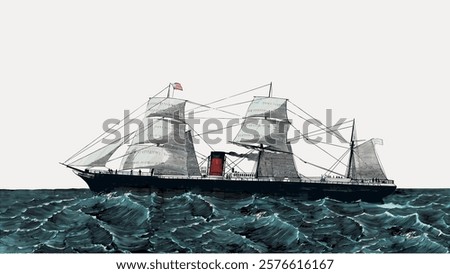 Vintage illustration of a sailing ship on the ocean. The ship sails through waves, showcasing its sails and masts. Classic maritime art of a sailing ship. Vintage nature illustration isolated, vector.