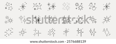 Set of star and sparkle icons in various styles. Sparkle designs include stars, bursts, and twinkles. Perfect for adding sparkle to designs and graphics. Element vector set.