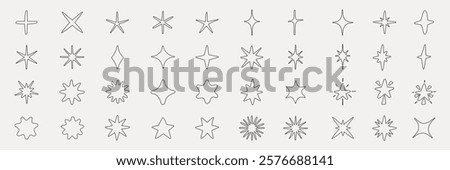 A collection of star and sparkle shapes in various designs. These star and sparkle icons feature diverse styles, perfect for creative projects needing star and sparkle elements. Element vector set.