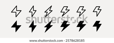 A series of black lightning bolt icons in various styles. Lightning bolt symbols repeated in different thicknesses, showcasing energy and power in design. User interface icons, UI icon vector set.