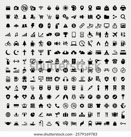 Grid of diverse icons, featuring symbols for technology, transportation, and communication. Icons include arrows, gears, and phones. Versatile icon set. User interface icon vector set.