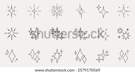 Set of 16 star and sparkle icons. Simple, minimalist star designs. Black line art stars and sparkles. Various star shapes, minimalist star and sparkle icons. Element vector set.