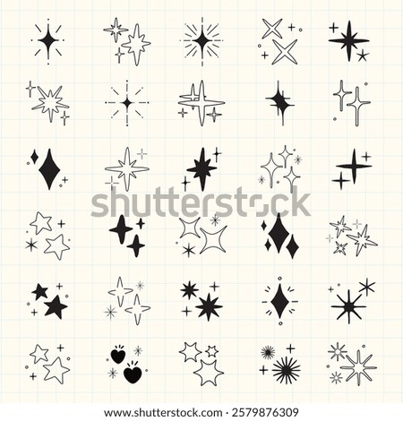 A collection of 25 black star and sparkle icons on a grid background. Various star shapes and sparkles, including bursts and twinkles, in a minimalist style. Element vector set.