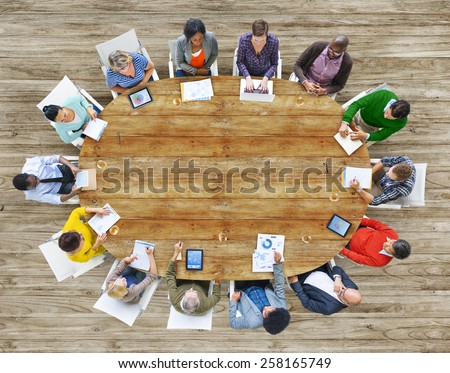 Aerial View People Working Sharing Connection Conference Table Concept