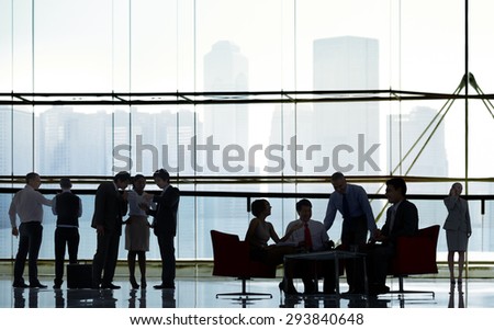 Silhouette Business People Discussion Meeting Cityscape Team Concept