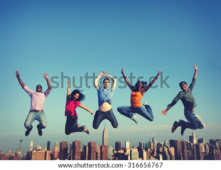 Cheerful People Jumping Friendship Happiness City Concept
