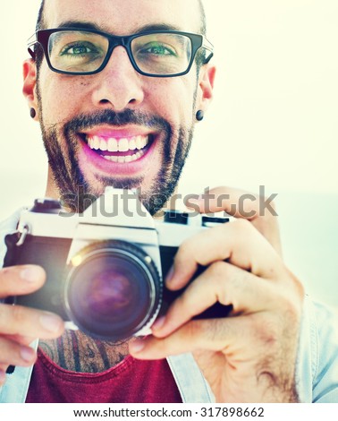 Handsome Photographer Man Beach Vacation Lifestyle Concept