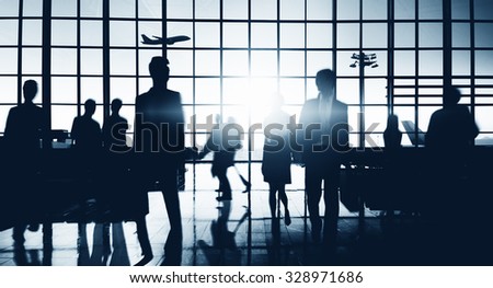 Crowd People Silhouette Busy Airport Terminal Concept