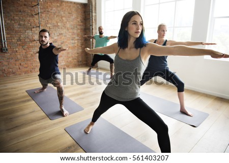 Similar – Image, Stock Photo Cheerful athletes practicing yoga together in mountain pose in contemporary workout room