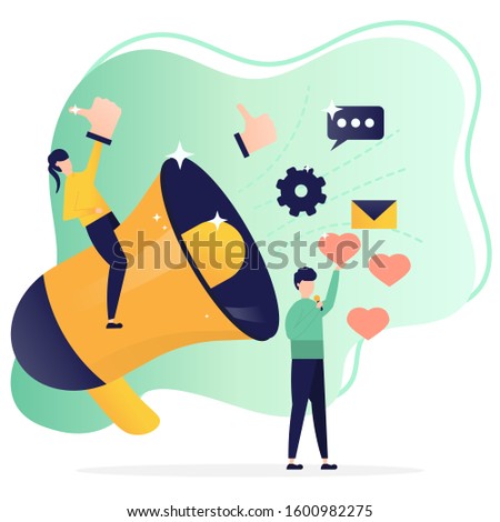 vector illustration, public relations, public speaking, marketing, people doing promotions using megaphones. Can be used for, landing pages, templates, UI, web.